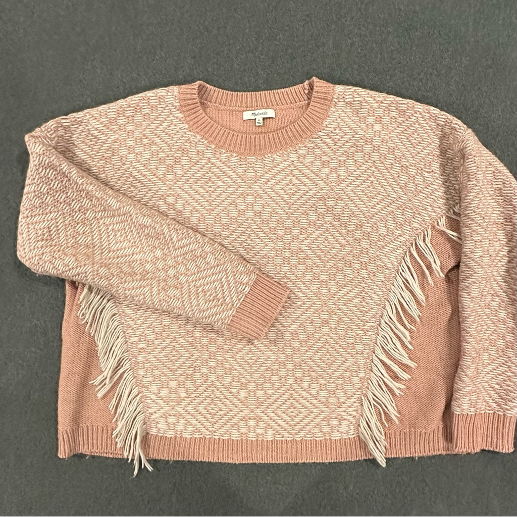 Madewell Blush Fringed Crew Neck Sweater